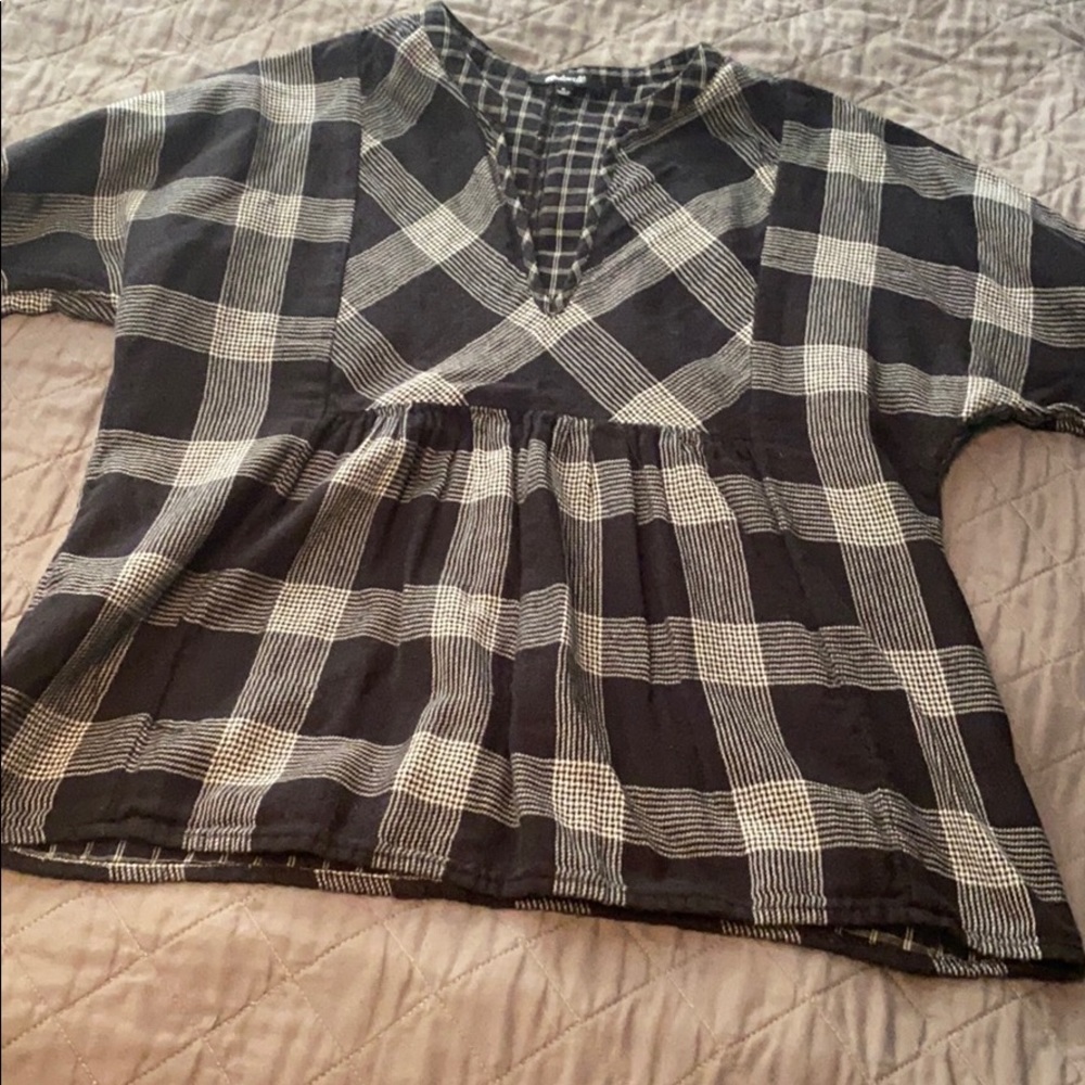 Black and cream checked Madewell peasant style top